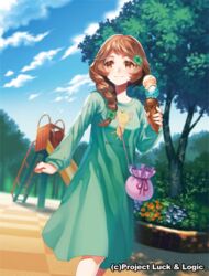  bag blue_sky braid brown_eyes brown_hair checkered_floor clenched_hand closed_mouth cloud clover clover_hair_ornament commentary_request copyright_name day dress female flower food four-leaf_clover four-leaf_clover_hair_ornament green_dress hair_ornament hair_over_shoulder ice_cream long_hair long_sleeves looking_at_viewer luck_&amp;_logic nanahoshi_yukari official_art outdoors park shoulder_bag side_braid single_braid sky slide smile solo standing tree watermark yuzu_shio 