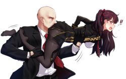  ! !! 1boy agent_47 aiming bad_id bad_twitter_id bald black_dress black_gloves black_jacket black_pants black_pantyhose braid breasts collared_shirt commentary covering_crotch covering_privates crossover dress embarrassed expressionless female formal from_side girls&#039;_frontline gloves hair_ribbon hand_on_another&#039;s_stomach highres hitman_(game) jacket korean_commentary long_hair long_sleeves medium_breasts narynn necktie one_side_up open_mouth pants pantyhose purple_hair red_eyes red_necktie red_ribbon ribbon shirt simple_background suit tears thighband_pantyhose too_literal twintails unconventional_gun wa2000_(girls&#039;_frontline) white_background white_shirt you&#039;re_doing_it_wrong 