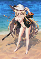  barefoot beach bikini black_jacket blonde_hair breasts character_name cleavage collarbone commentary_request female full_body girls&#039;_frontline gun hat highres ithaca_m37 jacket large_breasts long_hair looking_at_viewer m37_(girls&#039;_frontline) m37_(summer_parader)_(girls&#039;_frontline) official_alternate_costume one_eye_closed open_clothes open_jacket orange_eyes outdoors persocon93 photoshop_(medium) pump_action rifle sand shotgun solo standing sun_hat swimsuit very_long_hair waves weapon white_bikini white_hat 