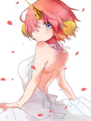  back bare_shoulders berserker_of_black blue_eyes breasts dress fate/apocrypha fate_(series) female hair_ornament hair_over_one_eye horn pink_hair ribbon short_hair 