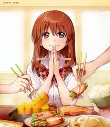  asparagus bacon bacon-wrapped_asparagus bad_link blush bow bowl bowtie brown_hair chopsticks daikon female food hair_between_eyes highres holding holding_chopsticks jpeg_artifacts kawai_makoto kiritanpo_(food) koufuku_graffiti long_hair machiko_ryou meatball official_art omelet palms_together pink_eyes plaid plaid_bow plaid_bowtie radish rice rice_bowl salmon school_uniform smile solo_focus tamagoyaki 