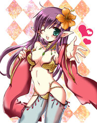  ;d argyle_background bad_id bad_pixiv_id bare_shoulders blush breasts center_opening commentary_request contrapposto cowboy_shot dancer detached_sleeves earrings elf female flower green_eyes groin gypsy_(ragnarok_online) hair_flower hair_ornament heart hibiscus jewelry long_hair long_sleeves looking_at_viewer medium_breasts midriff navel neck_ring one_eye_closed open_mouth outline outstretched_arm pinching_sleeves pointy_ears purple_hair ragnarok_online red_sleeves see-through smile solo wide_sleeves yoroi_nau 