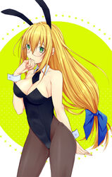  animal_ears blonde_hair commentary_request detached_collar female glasses green_eyes long_hair nishiyama_kero pantyhose photoshop_(medium) playboy_bunny rabbit_ears solo tearju_lunatique to_love-ru to_love-ru_darkness wrist_cuffs 