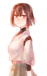  bad_id bad_pixiv_id blush brown_eyes brown_hair female highres hyuuga_(kancolle) kantai_collection looking_at_viewer red_eyes short_hair simple_background smile solo tamawo_(mu_gi2) white_background 