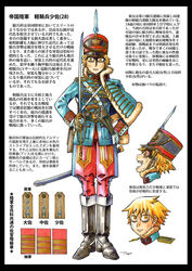  black_border black_footwear blonde_hair blue_jacket boots border cavalry commentary_request epaulettes female full_body fur_trim gloves gun hand_on_own_hip handgun hat highres holding holding_sword holding_weapon hussar jacket jodhpurs knee_boots marker_(medium) medal military military_uniform millipen_(medium) nagato_mikasa original pants pelisse photoshop_(medium) red_pants revolver saber_(weapon) sanpaku scar scar_on_cheek scar_on_face shako_cap sheath short_hair shoulder_strap solo standing sword traditional_media translation_request uniform weapon white_background yellow_eyes 