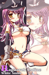  bad_id bad_pixiv_id boots breasts copyright_name elbow_gloves embarrassed female fingerless_gloves gloves hat large_breasts long_hair midriff navel purple_hair ragnarok_online solo tears whitesmith_(ragnarok_online) yellow_eyes yoroi_nau zoom_layer 