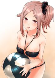  bad_id bad_pixiv_id ball bare_arms bare_legs bare_shoulders beachball bikini black_bikini breasts collarbone confusing female from_above highres jitome kunichika_yuu large_breasts light_smile looking_at_viewer navel o-ring o-ring_top parted_lips pink_eyes pink_hair ponytail solo stomach swimsuit world_trigger 