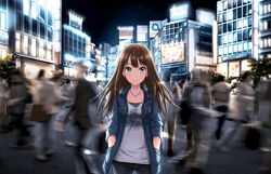  analog_clock artist_request billboard black_pants blue_eyes brown_hair city clock closed_mouth collarbone crowd denim denim_jacket dot_nose earrings female glowing hands_in_pockets highres idolmaster idolmaster_cinderella_girls idolmaster_cinderella_girls_starlight_stage jacket jeans jewelry light_smile lights lips long_hair long_sleeves looking_at_viewer motion_blur necklace night night_sky official_art outdoors pants parted_bangs pocket print_shirt shibuya_rin shirt sky sleeves_rolled_up solo_focus stage_of_magic_(idolmaster) standing star_(symbol) star_earrings stud_earrings thigh_gap tree unbuttoned white_shirt window wing_collar zipper 