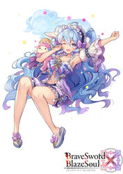  ;o ahoge animal_ears arm_up armpits bare_legs bare_shoulders bloomers blue_bow blue_eyes blue_hair blush bow brave_sword_x_blaze_soul breasts center_opening cleavage collarbone commentary_request copyright_name detached_sleeves drooling female frilled_shirt frills hair_between_eyes hairbow hand_up headdress hypnos_(brave_sword_x_blaze_soul) long_hair looking_at_viewer medium_breasts navel official_art one_eye_closed one_side_up open_mouth photoshop_(medium) pink_bow puffy_short_sleeves puffy_sleeves purple_bow purple_shirt sheep shirt short_sleeves sidelocks simple_background slippers solo stomach striped striped_bow stuffed_animal stuffed_sheep stuffed_toy thighs underwear very_long_hair wavy_hair white_background white_footwear yeonwa 