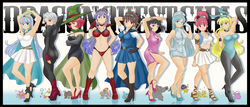  6+girls animal_ears aqua_eyes aqua_hair armor belt bikini bikini_armor black_gloves black_hair blonde_hair bodysuit bow bowtie breasts brown_eyes brown_hair cape china_dress chinese_clothes circlet commentary_request cross dragon_quest dragon_quest_iii dress elbow_gloves everyone fake_animal_ears fighter_(dq3) gloves hat heroine_(dq3) high_heels highres jester_(dq3) jewelry kaichi_(rocchi) large_breasts latex long_hair mage_(dq3) medium_breasts merchant_(dq3) multiple_girls necklace pantyhose pink_hair playboy_bunny priest_(dq3) purple_hair rabbit_ears red_eyes red_hair roto_(dq3) sage_(dq3) shoes short_hair skin_tight skirt slime_(dragon_quest) smile soldier_(dq3) swimsuit sword text_background thief_(dq3) weapon white_hair witch_hat yellow_gloves 