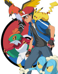  1boy absurdres backpack bag black_shirt blue_jacket commentary_request fletchinder froakie gloves hat hawlucha highres holding holding_poke_ball jacket on_shoulder pikachu poke_ball poke_ball_(basic) pokemon pokemon_(anime) pokemon_(creature) pokemon_on_shoulder pokemon_xy_(anime) satoshi_(pokemon) shirt suke_(158628) wristband 