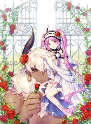  1boy asterios_(fate) bare_legs barefoot black_sclera colored_sclera commentary_request dark-skinned_male dark_skin dress earrings euryale_(fate) fate/grand_order fate_(series) female flower hair_flower hair_ornament hairband holding holding_flower hoop_earrings horns jewelry long_hair looking_at_viewer pixiv_fate/grand_order_contest_2 purple_eyes purple_hair red_eyes red_flower red_rose rose sash sitting_on_shoulder size_difference smile soriya twintails white_dress white_hair 