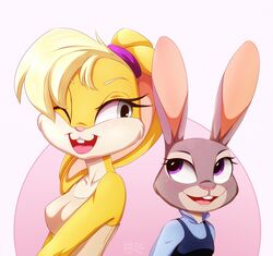  2016 anthro blonde_hair breasts buckteeth clothed clothing dannyckoo disney duo eyelashes female fur grey_body grey_fur hair hi_res judy_hopps lagomorph leporid lola_bunny looney_tunes mammal one_eye_closed open_mouth open_smile rabbit smile teeth tongue tresertf warner_brothers wink zootopia 