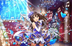  :d artist_request beamed_eighth_notes beamed_sixteenth_notes black_hair blue_eyes blue_flower blue_gemstone bow chandelier dress earrings elbow_gloves female flower gem gloves hair_flower hair_ornament hairbow highres holding holding_microphone holding_microphone_stand idolmaster idolmaster_cinderella_girls idolmaster_cinderella_girls_starlight_stage jewelry layered_dress long_hair looking_at_viewer microphone microphone_stand music musical_note official_art open_mouth quarter_note red_carpet red_curtains rose shibuya_rin singing smile solo sparkle staff_(music) stage_of_magic_(idolmaster) stairs thighhighs translated white_flower white_gloves white_rose zettai_ryouiki 