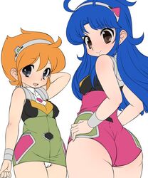  2girls arm_behind_head arm_up ass bad_id bad_link black_eyes blue_hair cowboy_shot cream_lemon hairband hands_on_own_hips leotard long_hair multiple_girls open_mouth orange_hair panties pantyshot short_hair simple_background smile star_trap underwear white_background wristband 