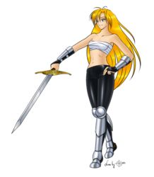  armor blonde_hair blue_eyes female janne_d&#039;arc leather leather_pants long_hair neo_geo shiny_clothes skin_tight sword world_heroes 