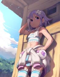  bra camisole clothes_around_waist commentary_request d-pad d-pad_hair_ornament female hair_ornament neptune_(neptunia) neptune_(series) segamark short_hair solo striped_bra striped_clothes striped_thighhighs summer sweat sweater sweater_around_waist thighhighs toned towel underwear 