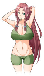  adjusting_hair aqua_eyes ass_visible_through_thighs bike_shorts braid breasts cameltoe commentary_request cowboy_shot cropped_legs female green_shorts groin hong_meiling huge_breasts long_hair lowleg midriff mouth_hold navel red_hair shirokuma_(nankyoku) shorts simple_background skindentation solo sports_bra touhou twin_braids tying_hair 