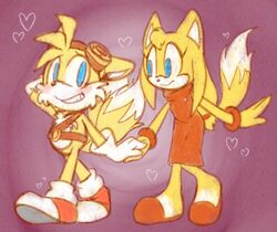  anthro black_nose blush canid canine clothing dipstick_tail duo eyewear female footwear fox fur gloves goggles hair hand_holding handwear heart_symbol hi_res long_hair male mammal markings multicolored_tail narrow_hips romantic romantic_couple sandals sega smile sonic_boom sonic_the_hedgehog_(series) tail tail_markings tails thegreatrouge thin_calves thin_legs thin_thighs white_body white_fur white_tail_tip yellow_body yellow_fur zooey_the_fox 