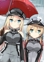  2girls :&gt; absurdres anchor anchor_hair_ornament aqua_eyes bare_shoulders bismarck_(kancolle) blonde_hair blue_eyes brown_gloves commentary cross detached_sleeves gloves hair_ornament hat highres holding iron_cross kantai_collection light_brown_hair long_hair looking_at_viewer military military_uniform multiple_girls outdoors ozawa_ari peaked_cap prinz_eugen_(kancolle) rain ryuki_(ryukisukune) shared_umbrella signature smile twintails umbrella uniform voice_actor_connection wet wet_clothes wrist_cuffs you&#039;re_doing_it_wrong 