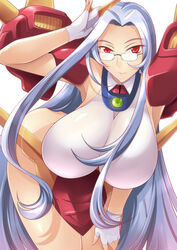  armpits breasts commentary_request devil_gundam female g_gundam glasses gundam haganef hanging_breasts huge_breasts leaning_forward long_hair looking_at_viewer photoshop_(medium) purple_hair red_eyes simple_background solo very_long_hair white_background 