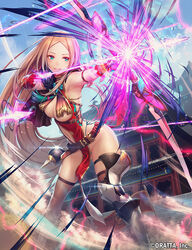  aiming argyle_cutout armored_boots armpits arrow_(projectile) blue_eyes blue_panties blue_sky boots bow_(weapon) breasts brown_thighhighs chains chloris_garden clothing_cutout commentary_request day dust energy_weapon female glint gloves groin holding holding_bow_(weapon) holding_weapon leaning_forward legs_apart lens_flare long_hair mana_(remana) medium_breasts navel navel_cutout no_bra official_art outdoors panties parted_bangs partially_fingerless_gloves pelvic_curtain photoshop_(medium) red_gloves revealing_clothes side-tie_panties sky smile solo standing tassel thighhighs thong underboob underwear very_long_hair watermark weapon 