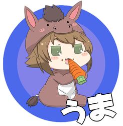  animal_costume blush_stickers brown_hair carrot chinese_zodiac commentary_request eating female food food_on_face green_eyes holding holding_food horse_costume horse_tail kantai_collection mutsu_(kancolle) open_mouth puchimasu! short_hair sidelocks simple_background solo tail translated year_of_the_horse yuureidoushi_(yuurei6214) 