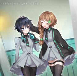  2girls ^_^ alca_uniform asuha_mana bad_id bad_pixiv_id black_gloves black_hair black_jacket black_legwear black_necktie blue_eyes braid brown_hair closed_eyes clover clover_hair_ornament copyright_name four-leaf_clover four-leaf_clover_hair_ornament gloves hair_ornament hair_over_shoulder hand_on_head headpat headphones headphones_around_neck holding holding_headphones indoors jacket long_hair luck_&amp;_logic multiple_girls nanahoshi_yukari necktie official_art open_mouth pantyhose school_uniform shirako_miso side_braid single_braid smile standing thighhighs thighlet watermark 