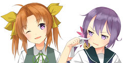  2girls ahoge akebono_(kancolle) annoyed arm_up bad_link bell blush brown_hair cheek_poking collar collared_shirt flower gloves hair_bell hair_flower hair_intakes hair_ornament hair_ribbon head_tilt highres jingle_bell kagerou_(kancolle) kantai_collection long_hair max_melon multiple_girls open_mouth poking ponytail purple_eyes purple_hair ribbon school_uniform serafuku shirt short_hair short_twintails side_ponytail simple_background smile twintails two_side_up vest white_background white_gloves white_shirt 