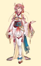  bow commentary_request embellished_costume female fire_emblem fire_emblem_fates footwear_bow full_body hairband japanese_clothes jewelry kairiwhisper kimono lips looking_at_viewer pink_hair sakura_(fire_emblem) shoes short_hair simple_background skirt smile solo thighhighs wide_sleeves zettai_ryouiki 