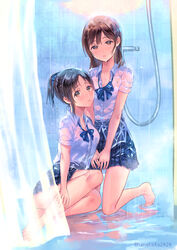  2girls bare_legs barefoot bathroom black_hair blue_skirt blush brown_eyes brown_hair collared_shirt commentary_request doukyuusei_(hanekoto) hair_ornament hair_scrunchie hanekoto indoors kneeling long_hair looking_at_viewer multiple_girls open_mouth original osananajimi_(hanekoto) pleated_skirt polka_dot polka_dot_scrunchie ponytail same-sex_bathing school_uniform scrunchie see-through shared_bathing shirt short_ponytail short_sleeves shower_curtain sidelocks sitting skirt tiles twitter_username v_arms water wet wet_clothes wet_hair wet_shirt white_shirt yokozuwari 