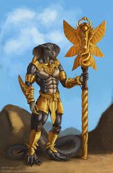  abs anthro armor athletic athletic_anthro athletic_male claws cobra gold_(metal) gold_armor greaves hi_res king looking_at_viewer male reptile royalty scalie snake snake_hood solo staff standing symbolism valentinapaz vambrace 