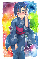  1boy blue_hair blush coin_rand commentary_request crossdressing flower hair_flower hair_ornament japanese_clothes kimono male_focus original otoko_no_ko red_eyes smile solo 