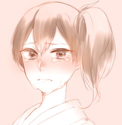  bad_id bad_pixiv_id blush brown_eyes brown_hair crying crying_with_eyes_open female frown kaga_(kancolle) kantai_collection looking_at_viewer nose_blush pink_background portrait side_ponytail simple_background solo tamawo_(mu_gi2) tears 