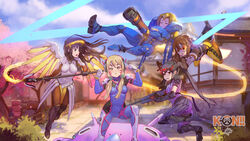  5girls akiyama_mio animal_print architecture armor armored_boots ass back black_eyes black_footwear black_gloves black_hair blonde_hair blue_eyes blue_sky blush bodysuit bomber_jacket boots breastplate breasts bridge brown_eyes brown_gloves brown_hair brown_jacket bush character_name cherry_blossoms chest_harness clenched_hands clothes_writing cloud cloudy_sky commentary copyright_name cosplay cross-laced_clothes cross-laced_legwear d.va_(overwatch) d.va_(overwatch)_(cosplay) day east_asian_architecture english_commentary facial_mark flat_chest flexing from_behind funhaus fur_trim gauntlets gloves goggles gun hair_ornament hairclip halo hands_up harness head-mounted_display headphones helmet high_collar high_heel_boots high_heels highres hirasawa_yui holding holding_breath holding_gun holding_weapon jacket jetpack justin_leyva_(steamy_tomato) k-on! knee_boots kneeling kotobuki_tsumugi large_breasts leather leather_jacket long_hair looking_at_viewer looking_back low-tied_long_hair mecha mechanical_halo mechanical_wings meka_(overwatch) mercy_(overwatch) mercy_(overwatch)_(cosplay) multiple_girls nakano_azusa open_mouth orange_goggles overwatch overwatch_(logo) overwatch_1 pants pantyhose pauldrons petals pharah_(overwatch) pharah_(overwatch)_(cosplay) photoshop_(medium) pilot_suit plant pose power_armor rabbit rabbit_hair_ornament rabbit_print rifle robot rocket_launcher shoes short_hair short_sleeves shoulder_armor shoulder_pads signature skin_tight sky sleeves_rolled_up sniper_rifle staff star-shaped_pupils star_(symbol) swiss_flag symbol-shaped_pupils tainaka_ritsu thigh_boots thighhighs thighs tight_clothes tight_pants tracer_(overwatch) tracer_(overwatch)_(cosplay) turtleneck vambraces very_long_hair weapon whisker_markings white_gloves widowmaker_(overwatch) widowmaker_(overwatch)_(cosplay) wing_print wings wooden_bridge 