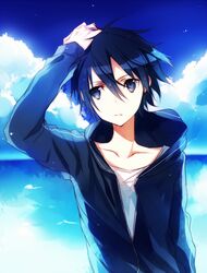  1boy black_eyes black_hair commentary_request hood hoodie jacket jianmo_sl kirito male_focus sword_art_online 