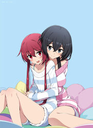  2girls :d absurdres black_hair blue_eyes breasts highres hug hug_from_behind joukamachi_no_dandelion kasuga_ayumu_(haruhipo) large_breasts long_hair loungewear low_twintails multiple_girls off-shoulder_sweater off_shoulder official_art open_mouth photoshop_(medium) pillow red_hair sakurada_akane sakurada_kanade shorts siblings simple_background sisters small_breasts smile striped_clothes striped_sweater sweater twintails 