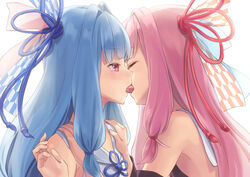  2girls bare_shoulders blue_hair blue_ribbon closed_eyes commentary_request detached_sleeves doonatsu. fingernails french_kiss hair_intakes hair_ribbon hand_on_another&#039;s_shoulder incest kissing kotonoha_akane kotonoha_aoi long_hair long_sleeves multiple_girls pink_hair profile purple_eyes red_ribbon ribbon siblings simple_background sisters tears tongue tongue_out very_long_hair voiceroid white_background yuri 