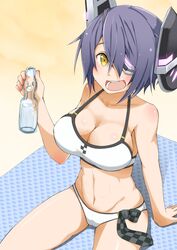  b-man bikini bottle breasts checkered_necktie commentary_request eyepatch female headgear kantai_collection necktie official_alternate_costume purple_hair ramune short_hair sitting solo swimsuit tenryuu_(kancolle) tenryuu_(swimsuit_mode)_(kancolle) yellow_eyes 