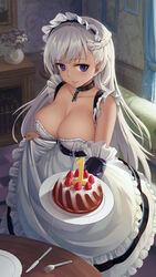  apron azur_lane belfast_(azur_lane) black_dress blurry blurry_background braid breasts cake chinese_commentary cleavage closed_mouth commentary_request curtains depth_of_field dress female flower food fork frilled_apron frills fruit highres holding holding_plate indoors knife large_breasts long_hair maid maid_headdress photoshop_(medium) plate purple_eyes red_flower sleeveless sleeveless_dress smile solo strawberry table vase very_long_hair waist_apron white_apron white_flower white_hair xiaoyin_li 