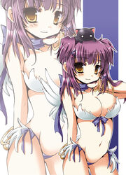  animal animal_on_head bad_id bad_pixiv_id bikini breasts cat_on_head cat_on_person cleavage feathered_wings feline female large_breasts long_hair navel on_head purple_hair ragnarok_online smile solo swimsuit twintails wanderer_(ragnarok_online) wings yellow_eyes yoroi_nau 