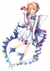  bad_id bad_pixiv_id bare_shoulders brown_hair cardcaptor_sakura dress elbow_gloves female full_body fuuin_no_tsue gloves green_eyes highres kazi kinomoto_sakura magical_girl short_hair solo star_(symbol) wand 