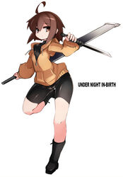  ahoge bangs bike_shorts boots brown_eyes brown_hair dual_wielding expressionless female fighting_stance flat_chest full_body holding holding_weapon jacket karukan_(monjya) knife leg_up linne looking_at_viewer petite shirt short_hair shorts simple_background standing_on_one_leg sword under_night_in-birth weapon white_background zipper 