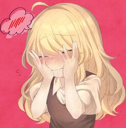  ahoge bad_id bad_twitter_id blonde_hair blush closed_eyes collared_shirt commentary embarrassed female flying_sweatdrops highres iiha_toobu kirisame_marisa long_hair no_headwear shirt solo spoken_blush touhou vest 