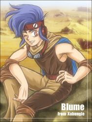  blue_hair blume brown_eyes character_name goggles headband sentou_mecha_xabungle 