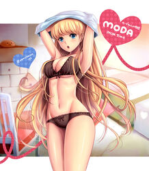  :3 armpits artist_name black_bra blonde_hair blue_eyes blush_stickers bra breasts chair character_name cleavage commentary_request cowboy_shot female groin heart highres letterboxed long_hair medium_breasts moda navel one_piece panties photoshop_(medium) slime_(creature) solo underboob underwear underwear_only undressing very_long_hair yumiyokiak 