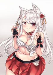  :3 azur_lane bare_shoulders blush breasts bridal_gauntlets claw_pose cleavage closed_mouth collar commentary_request female fingernails flower gradient_background grey_background groin hair_between_eyes hair_flower hair_ornament highres large_breasts long_fingernails long_hair nail_polish navel official_alternate_costume oppai_loli panties pleated_skirt red_collar red_eyes red_flower red_nails red_skirt sarashi setu_(shining12) sharp_fingernails side-tie_panties skirt solo thick_eyebrows underwear very_long_hair white_background white_flower white_hair white_panties yuudachi_(azur_lane) yuudachi_(shogun_of_snowballs)_(azur_lane) 