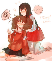  2girls akagi_(kancolle) bad_id bad_pixiv_id black_hair blush eighth_note hakama hakama_short_skirt hakama_skirt heart highres hug hug_from_behind japanese_clothes kantai_collection kneeling long_hair multiple_girls musical_note open_mouth pleated_skirt red_eyes red_theme ryuujou_(kancolle) sitting skirt smile spoken_musical_note spoken_squiggle squiggle tamawo_(mu_gi2) thighhighs translated wariza white_legwear 