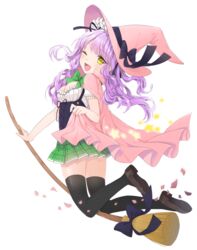  ;d bad_id bad_pixiv_id bow breasts broom broom_riding canape_(canape0130) cape cleavage female full_body hair_ribbon highres long_hair looking_back magical_girl oerba_yun_fang one_eye_closed open_mouth original petals pleated_skirt purple_hair ribbon school_uniform skirt small_breasts smile solo star_(symbol) thighhighs transparent_background yellow_eyes 