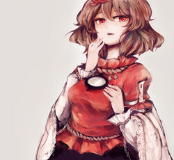  bad_id bad_pixiv_id brown_hair female hand_on_own_face highres open_mouth red_eyes rope short_hair simple_background solo touhou wataichi_meko wide_sleeves yasaka_kanako 